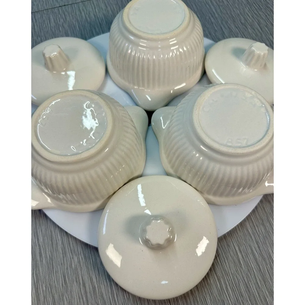 California Pottery 857 White Baking Dishes Ramekins W/ Lids (‎ 3) Shabby Chic